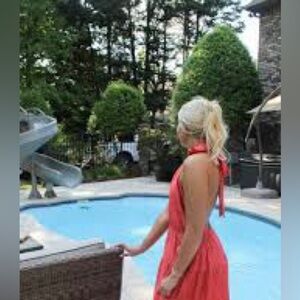 Bcbg maxazria halter dress ruffle midi medium coral beach lightweight flowy